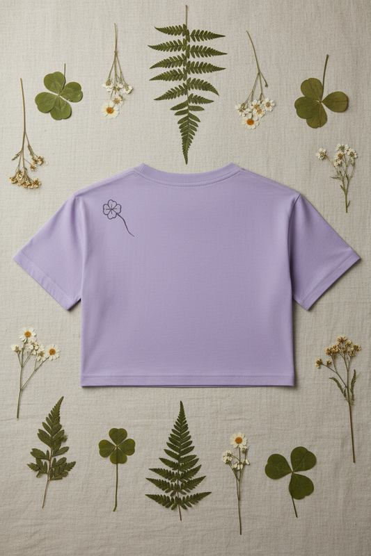 Lavender Clover Crop top with one-line clover design laid on natural linen with pressed clover and ferns