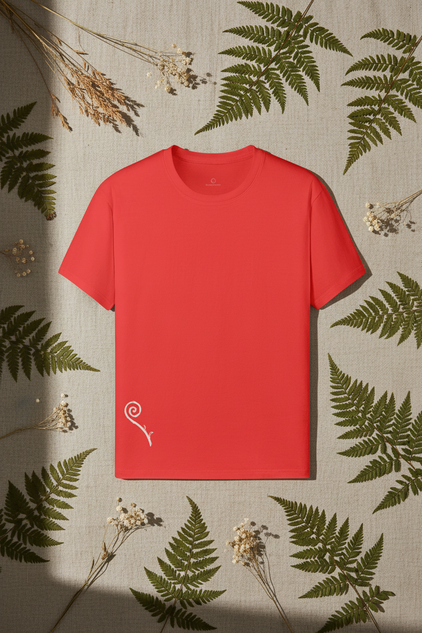 Coral Fiddlehead Tee with fern line-art laid on natural linen with pressed ferns