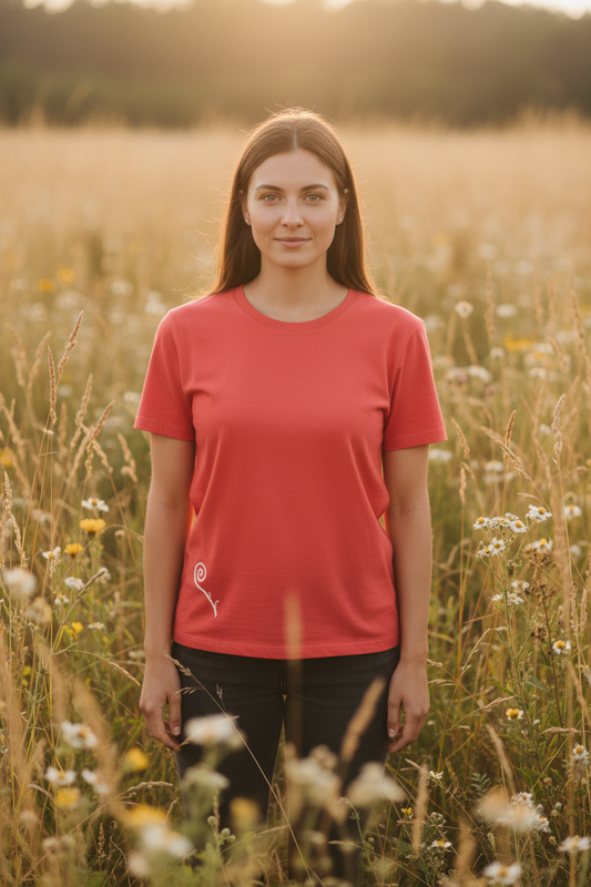 Woman wearing coral Fiddlehead Tee with fern line-art low on the left hem, standing among wild grasses