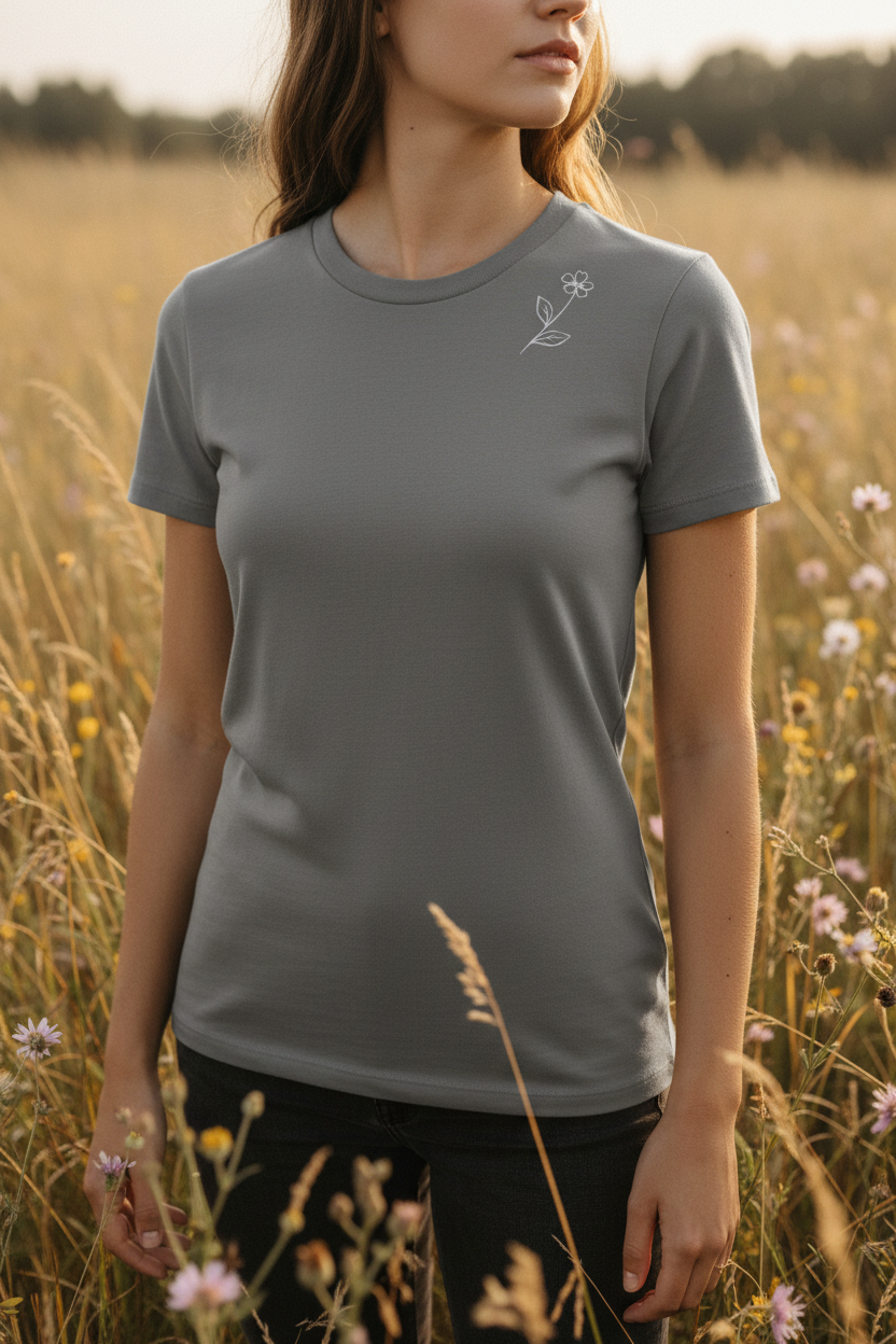 Person wearing grey Wildflower Slim tee with wildflower line-art on upper chest, standing among wild grasses