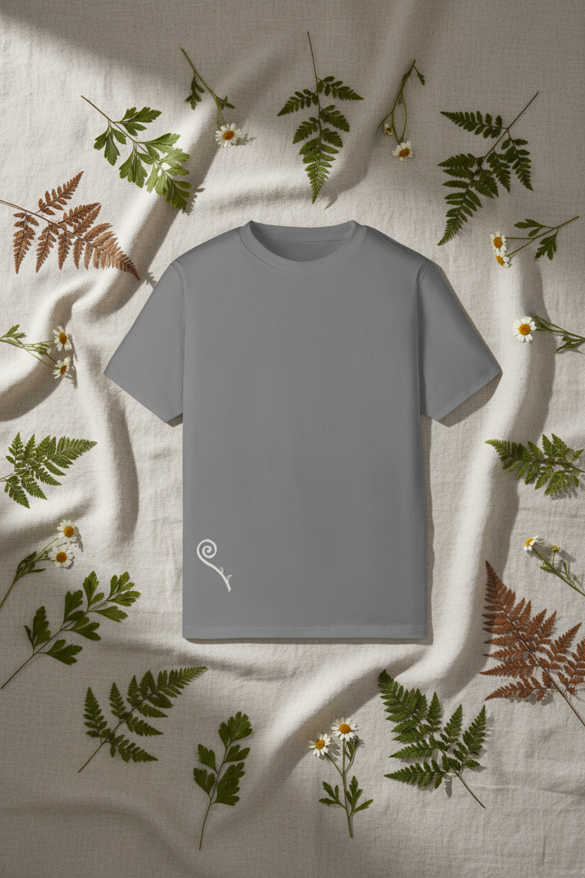Grey Fiddlehead Slim tee with fiddlehead fern line-art laid on natural linen with pressed ferns