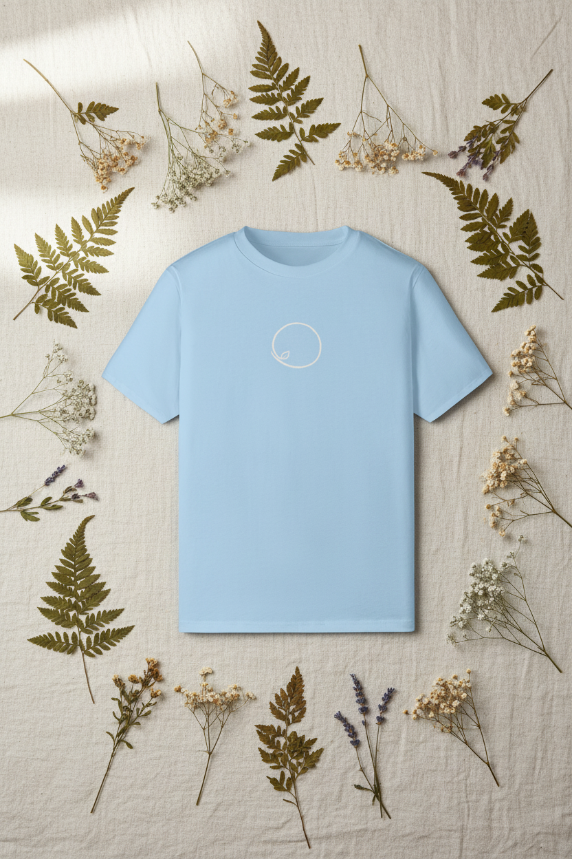 Light blue Orbit Slim tee with orbit line-art laid on natural linen with pressed botanicals