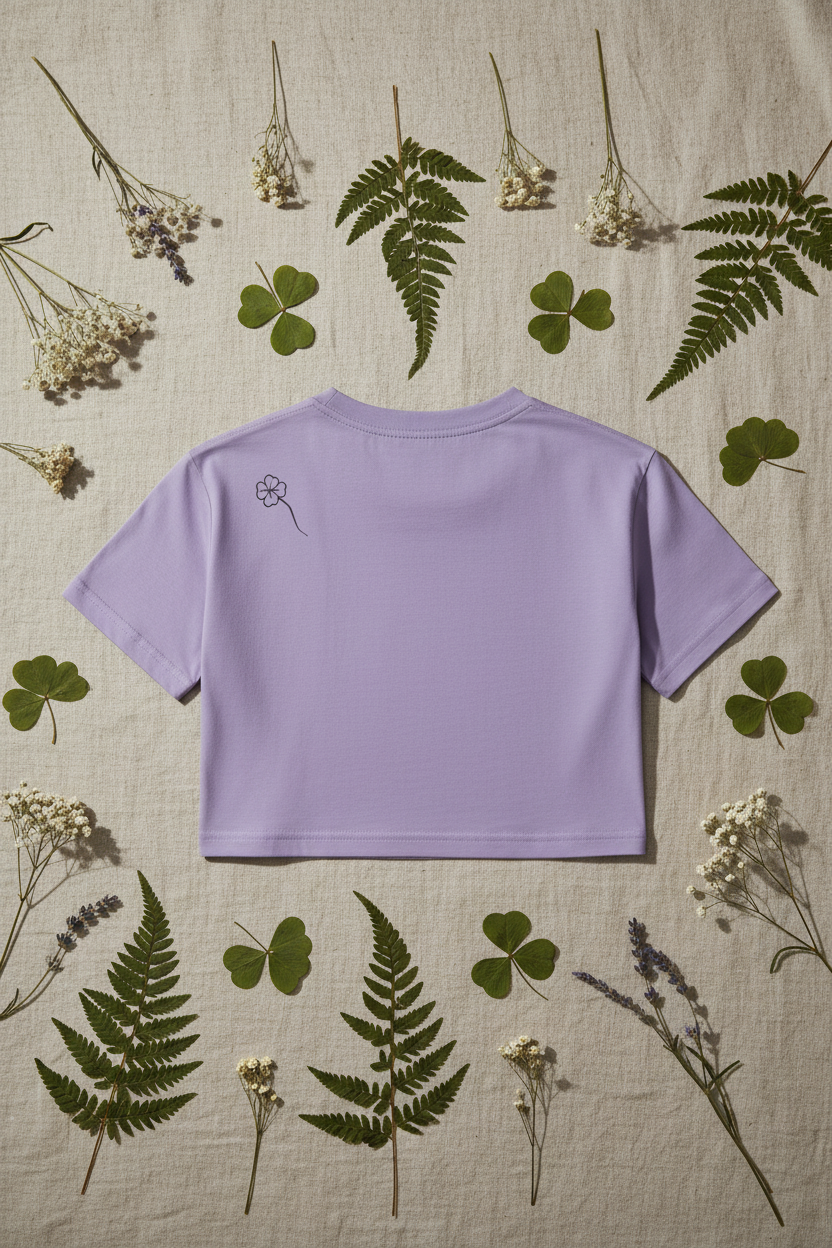 Lavender Clover Crop top with one-line clover design laid on natural linen with pressed clover and ferns