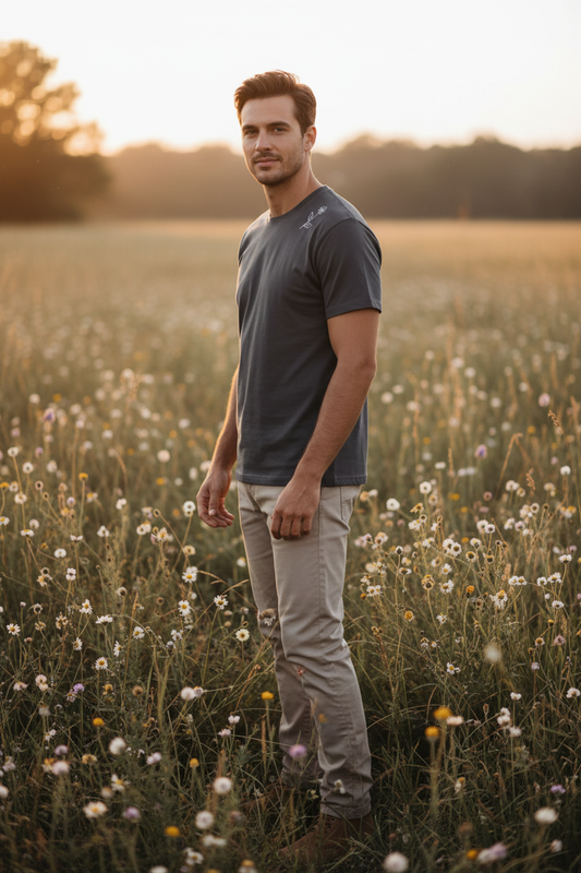 Man wearing charcoal grey Wildflower Tee with small wildflower line-art on chest, standing among wild grasses