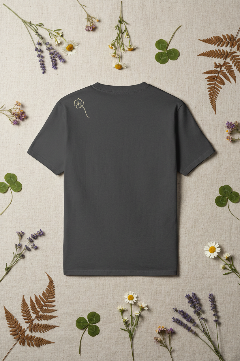 Dark grey Clover Slim tee with one-line clover design laid on natural linen with pressed clover and ferns