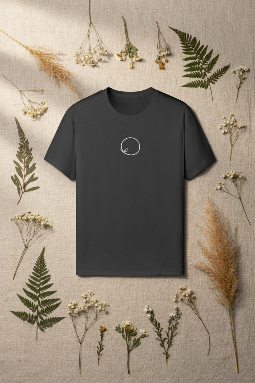 Charcoal grey Orbit Tee with orbit line-art laid on natural linen with pressed botanicals
