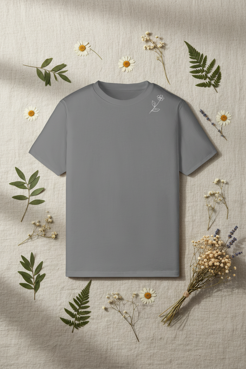 Grey Wildflower Slim tee with wildflower line-art on upper chest, laid on natural linen with pressed botanicals