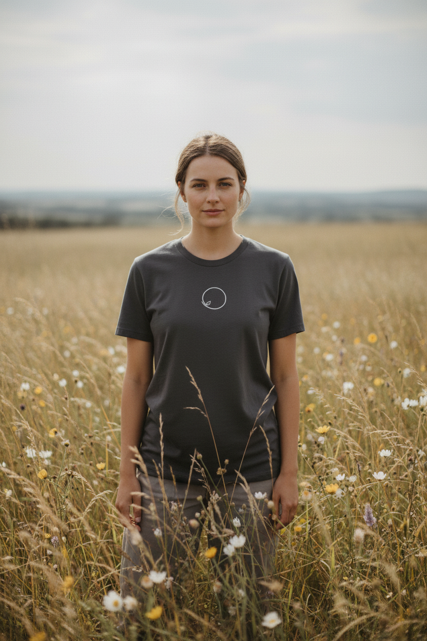 Woman wearing charcoal grey Orbit Tee with orbit line-art centered on chest, standing among wild grasses