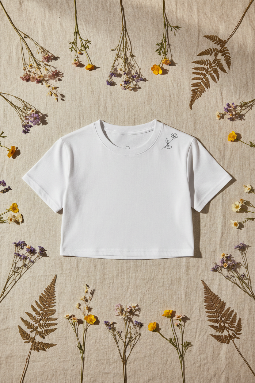 White Wildflower Crop with wildflower line-art laid on natural linen with pressed wildflowers