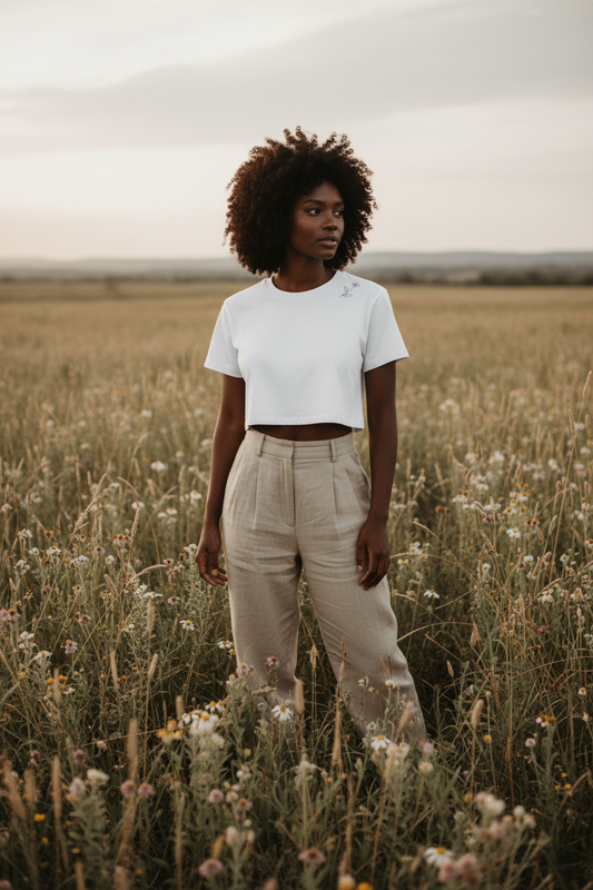 Black woman wearing white Wildflower Crop with small wildflower line-art near collarbone, standing among wild grasses